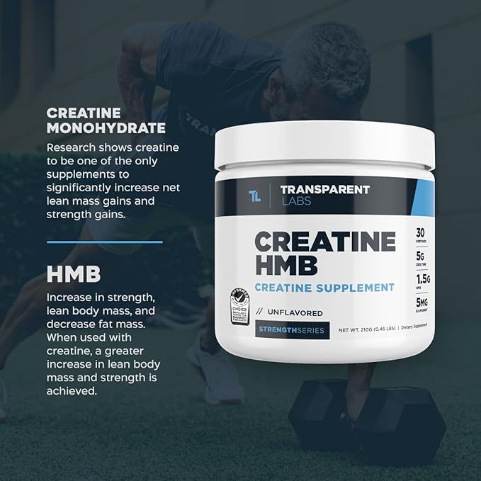 Transparent Labs Creatine HMB - Creatine Monohydrate Powder with HMB for Muscle Growth, Increased Strength, Enhanced Energy Output, and Improved Athletic Performance - 30 Servings, Strawberry Lemonade
