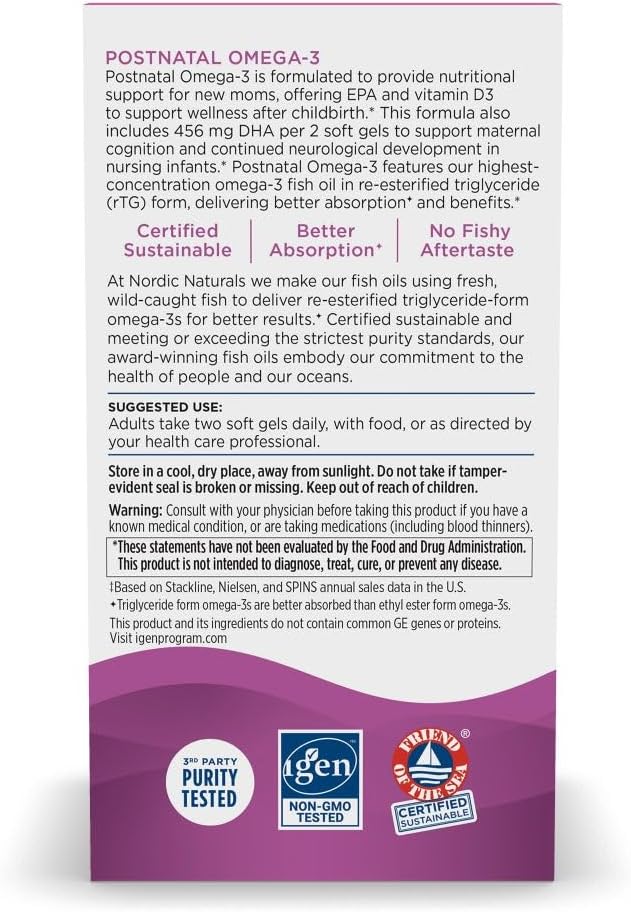Nordic Naturals Postnatal Omega-3, Lemon 60 Soft 1120 Total Omega-3 + 1000 IU D3 - 30 Servings