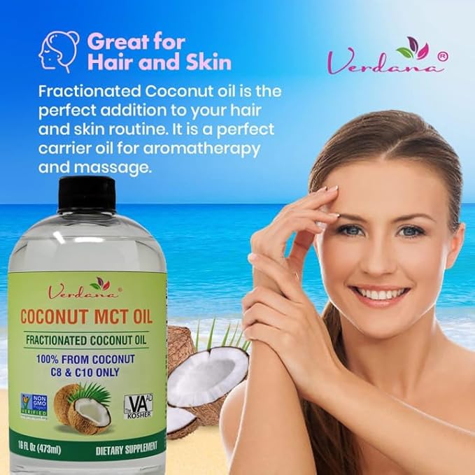 Verdana Coconut MCT Oil, Fractionated, Genuine 100% Coconut Derived, Kosher Food Grade, Vegan, Non-GMO, Great for Keto and Paleo Diet, Ayurvedic Oil Pulling Oral Rinse Mouthwash (16 Fl Oz)