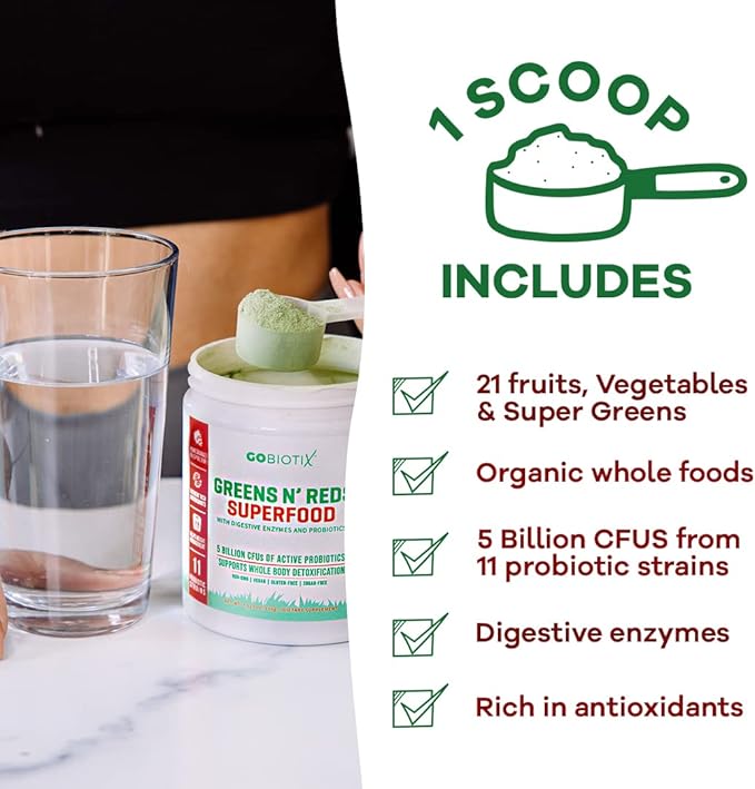 GOBIOTIX Super Greens and Reds Powder - Red and Green Superfood - Probiotic Supplement - Digestive Enzymes and Beet Root Powder - Organic Whole Foods Dietary Supplement (Pom Raspberry, 3 Pack)