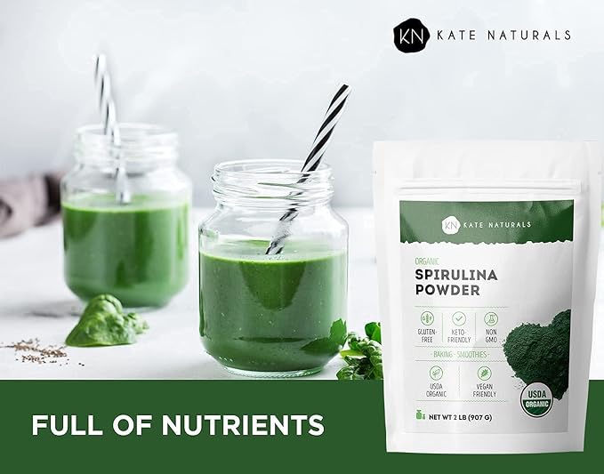 Kate Naturals Organic Spirulina Powder for Immune Support and Antioxidants. Nutrient Dense Superfood Supplement (2 lb, USDA Certified, Non-GMO, Gluten- Free)