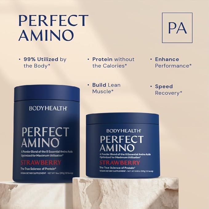 BodyHealth PerfectAmino Powder - BCAA and EAA Powder for Pre and Post Workout - Amino Acid Energy Drink Powder for Men and Women to Support Lean Muscle and Recovery - Strawberry - 60 Servings