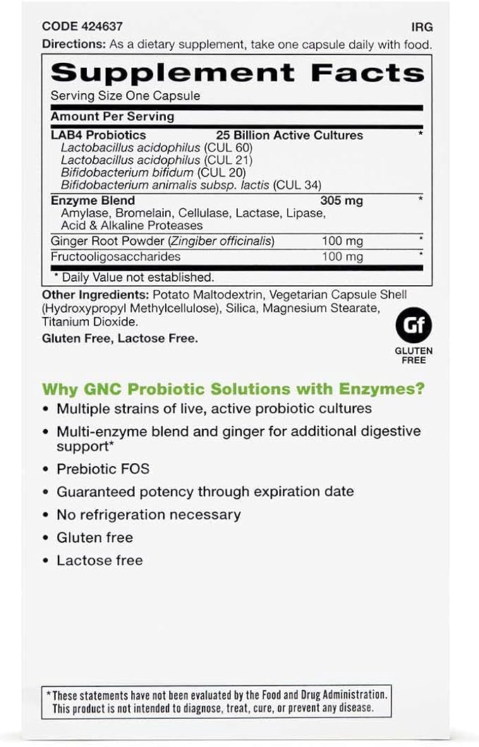 GNC Probiotic Solutions with Enzymes 25 Billion 60 Capsules
