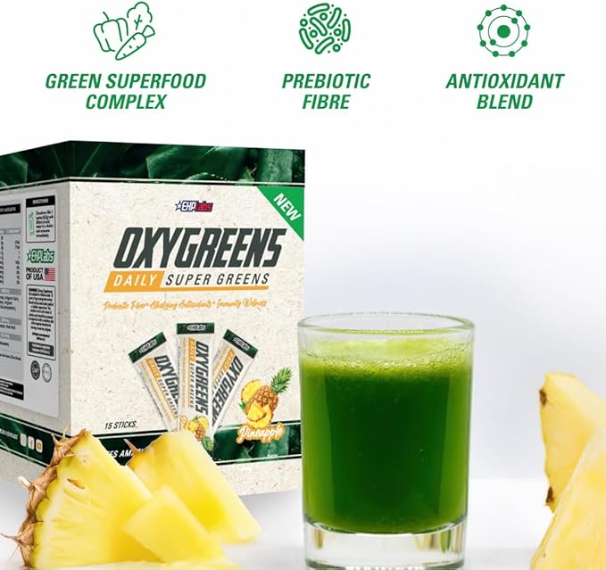 EHP Labs OxyGreens On The Go Greens Powder Stick Packs (15 Count) - Greens Packets - Spirulina & Chlorella Superfood, Sugar Free Green Juice Powder, Antioxidants & Immunity Support (Pineapple)