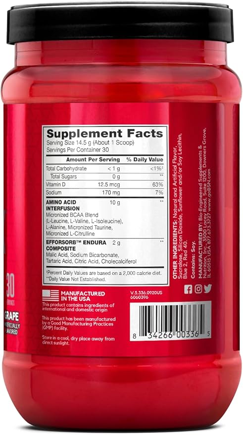 BSN Amino X Muscle Recovery & Endurance Powder with BCAAs, Intra Workout Support, 10 Grams of Amino Acids, Keto Friendly, Caffeine Free, Flavor: Grape, 30 Servings (Packaging May Vary)