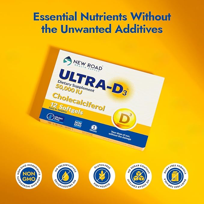 New Road Health Supply - Vitamin D 50000 IU, Once Weekly Dose, Easy to Swallow Vitamin D Softgel for Bones, Teeth, and Immune Support, Gluten Free, 12 Count, Pack of 3