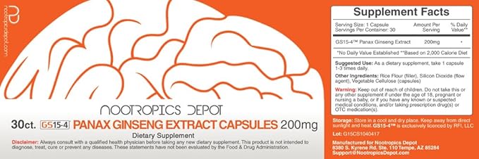 Nootropics Depot GS15-4 Panax Ginseng Extract Capsules 200mg | 30 Count