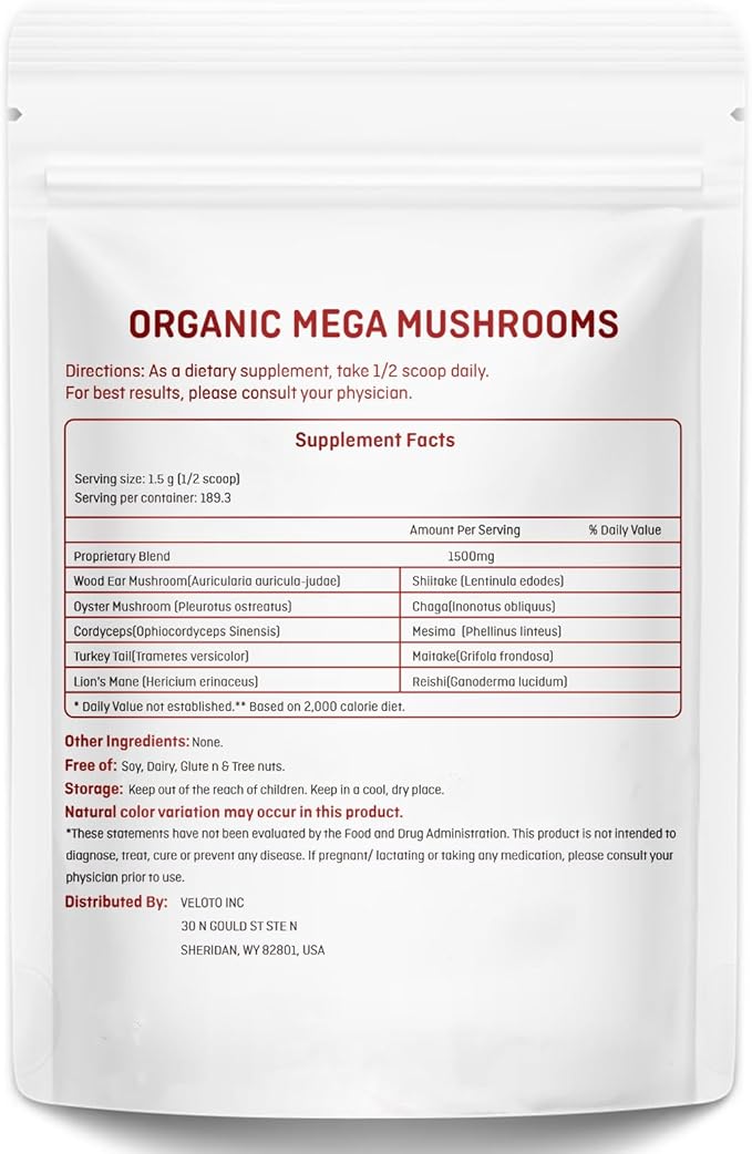 Organic Mega Mushroom Powder Blend, 10 in 1 Complex Mushroom Extract Powder Herbal Supplement with Reishi, Cordyceps, Chaga, Lion's Mane, Vegan & More, Sustainably US Grown, Filler Free, 10oz