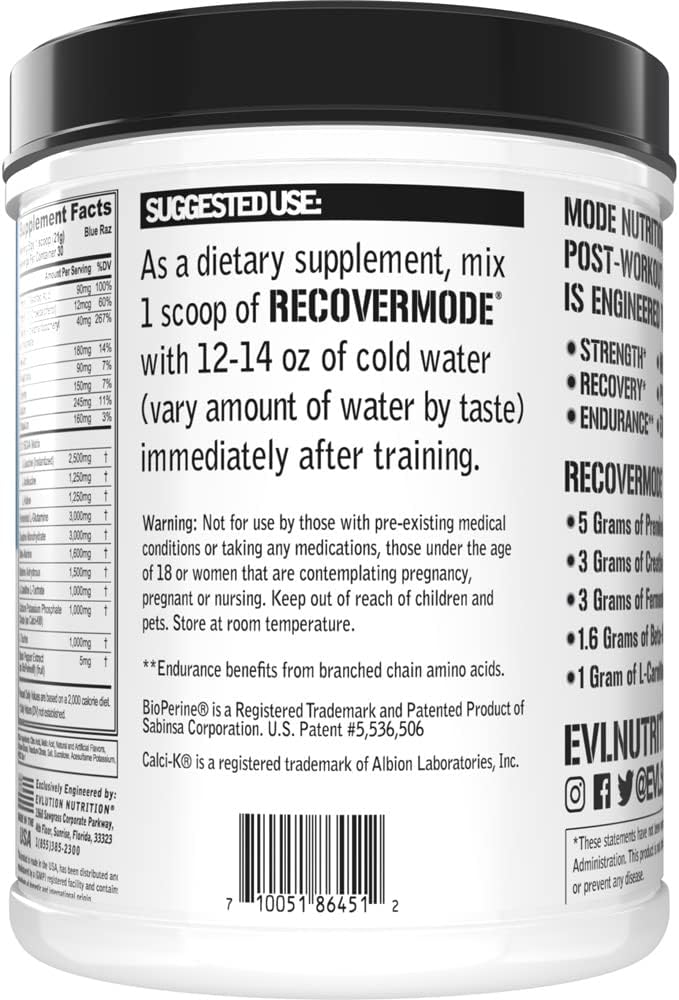 Evlution Nutrition Recover Mode- Complete Post Workout with BCAAs, Immunity Support, Vitamin C, D & E, Electrolytes, Hydration, Creatine, Glutamine, Beta-Alanine, L-Carnitine, 30 Serve, Blue Raz