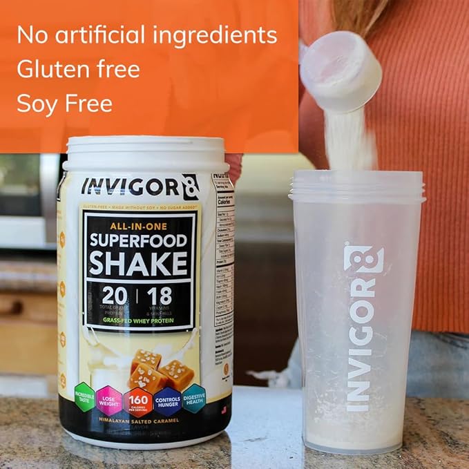 INVIGOR8 Superfood Grass Fed Whey Protein Isolate Shake Himalayan Salted Caramel Gluten-Free and Non GMO Meal Replacement with Probiotics and Omega 3 (645g)