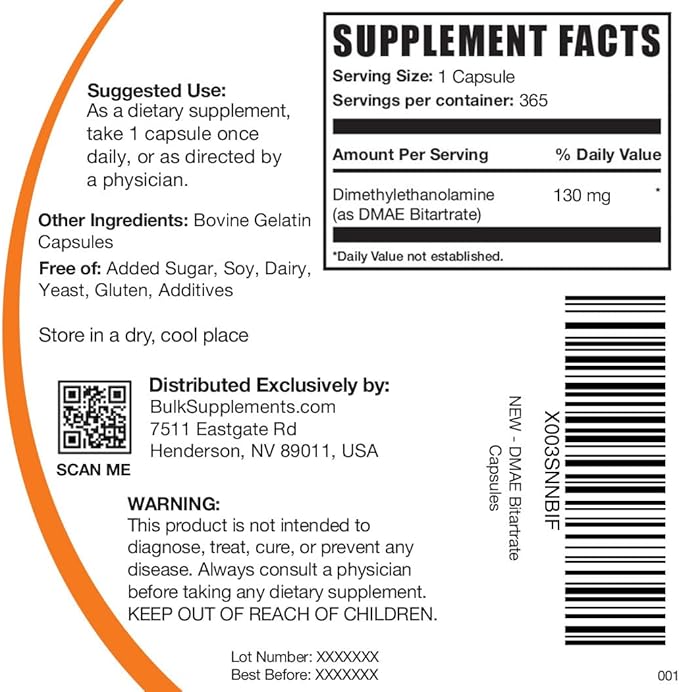 BulkSupplements.com DMAE Bitartrate Capsules - Dimethylaminoethanol, DMAE 350mg, DMAE Supplement, DMAE Capsules - for Brain Health & Focus, Gluten Free, 1 Capsule per Serving, 365 Capsules
