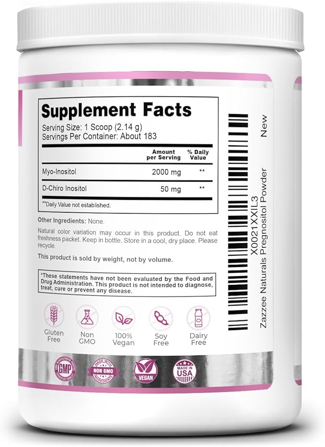 Zazzee PREGNOSITOL Powder, 6 Month Supply, Myo-Inositol and D-Chiro-Inositol 40:1 Fertility Blend, Free Scoop for Exact Dosage, Premium Balanced Formula, 183 Servings, Vegan, All-Natural and Non-GMO