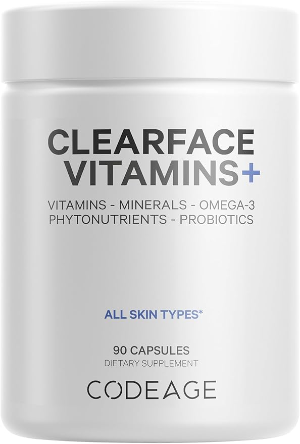 Codeage Clearface Pantothenic Acid, Niacin Supplement, Vitamins A, C, D3, E, Probiotics, Zinc, Riboflavin, Thiamin, L-Lysine HCL & Omega-3, Niacinamide, Skin Botanical Blend - Non-GMO - 90 Capsules