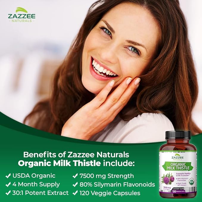 Zazzee USDA Organic Milk Thistle 30:1 7500 mg 120 Vegan 80% Silymarin 30X Extract, 100% Vegetarian,