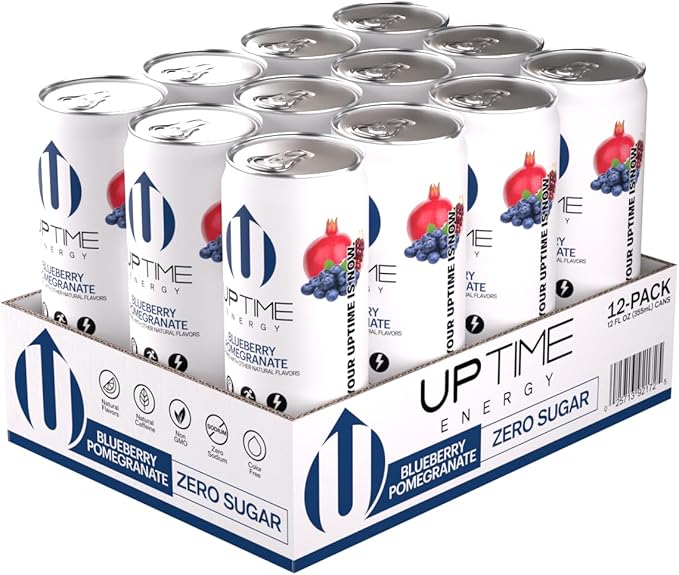 UPTIME Energy Drink, Blueberry Pomegranate, 12 Pack, Vitamin C, L Theanine, Calcium, Sugar Free Energy Drinks for Focus Support, 142mg of Natural Caffeine, 0 Calories, Clean, Natural, 12 fl oz Cans