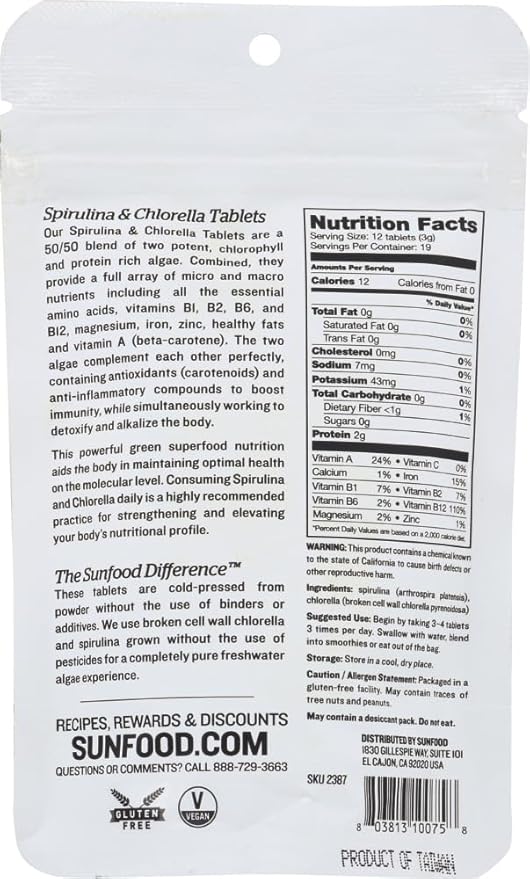 Sunfood Chlorella Spirulina Tablets - Spirulina and Chlorella Capsules, Chlorella Powder Pills, Green Algae Supplement Rich in Chlorophyll, Broken Cell Wall, Vegan - 2 oz Bag