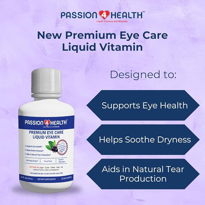 Passion 4 Health Liquid Eye Vitamins - Natural Vision & Premium Eye Health Support with Maqui Berry Extract, Gluten-Free, Non-GMO, No Sugar - Adult Eye Care Supplement, 30-Day Supply, Made in USA