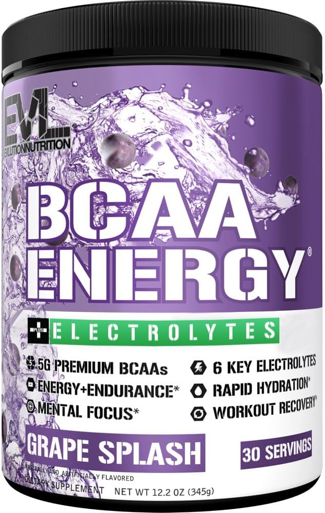 EVL BCAAs Amino Acids Powder - BCAA Energy Pre Workout Powder for Muscle Recovery Lean Growth and Endurance - Rehydrating BCAA Powder Post Workout Recovery Drink with 6 Key Electrolytes - Grape Splash