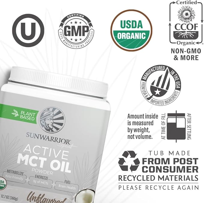 Sunwarrior Organic MCT Oil Powder Supplement Medium-Chain Triglycerides Pure Coconut | Keto USDA Sugar Soy Gluten Dairy Free Non-GMO | Unflavored 40 Servings Active