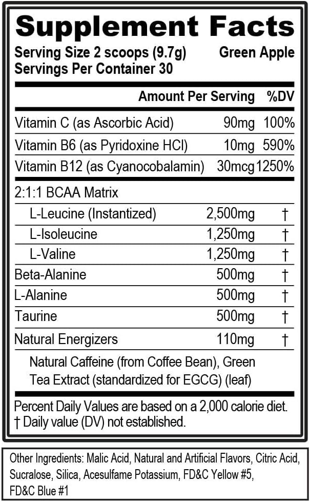 EVL BCAAs Amino Acids Powder - Rehydrating BCAA Powder Post Workout Recovery Drink with Natural Caffeine - BCAA Energy Pre Workout Powder for Muscle Recovery Lean Growth and Endurance - Green Apple