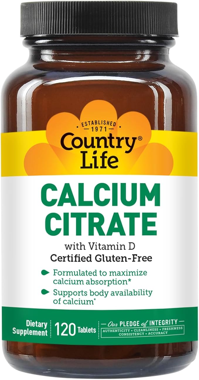 Country Life Calcium Citrate with Vitamin D – 500mg – Highly Absorbable Calcium Supplement – Certified Gluten Free, Vegan, Halal, Non-GMO – 120 Tablets
