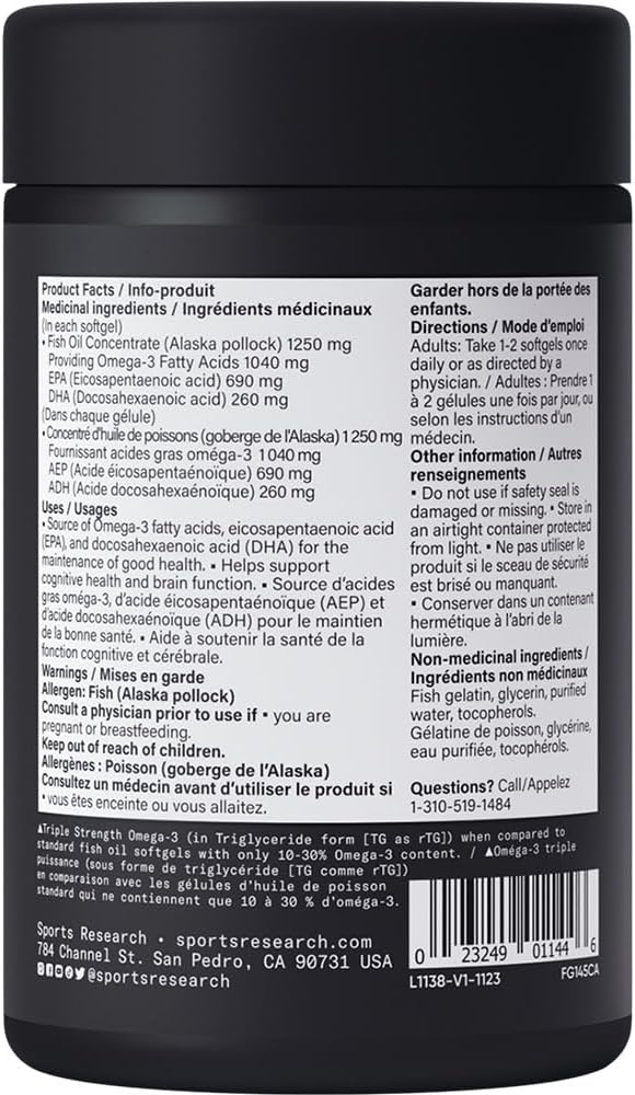 Sports Research Triple Strength Omega 3 1250mg from Omega3s EPA 30 Softgels