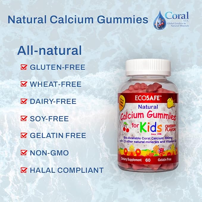 Coral Calcium Vitamin D3 Kids Gummy, Natural Cherry Flavor, Non GMO, Gluten-Free, Dairy-Free, Soy-Free and Gelatin Free - 300 mg of Calcium, and 800 IU of Vitamin D3-60 Gummies (2 Pack)