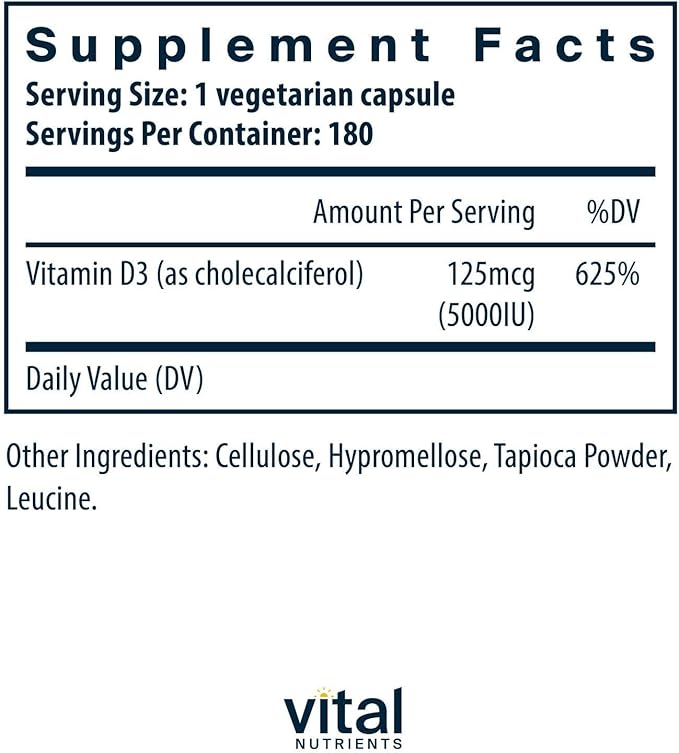 Vital Nutrients Vitamin D 5000 IU D3 Supplement 180 Capsules