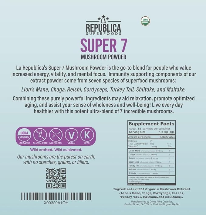 USDA Organic Mushroom Powder (Lion's Mane, Chaga, Reishi, Cordyceps, Maitake, Turkey Tail, No Fillers, 3 oz)