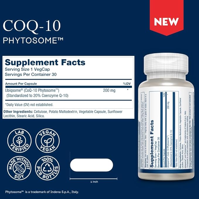 SOLARAY CoQ-10 Phytosome 9X Absorption CoQ10 200mg 200mg - 60-Day Guarantee 30 Servings, 30 VegCaps