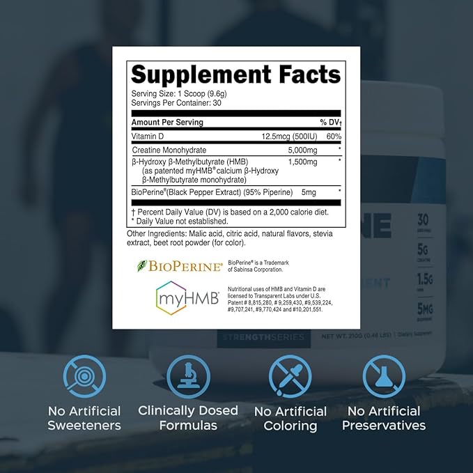 Transparent Labs Creatine HMB - Creatine Monohydrate Powder with HMB for Muscle Growth, Increased Strength, Enhanced Energy Output, and Improved Athletic Performance - 30 Servings, Tropical Punch
