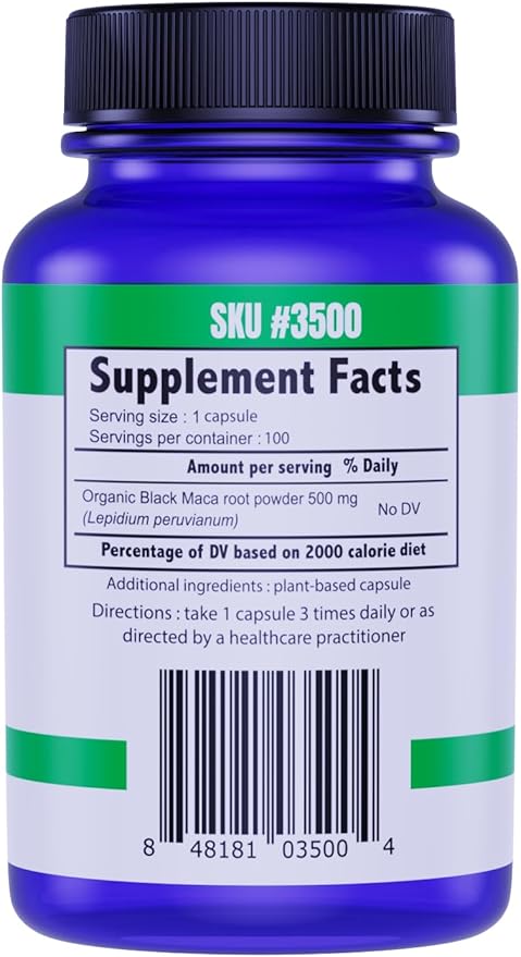 Black Maca 500mg 60 Capsules - Organic, Non-GMO, Vegan, Gluten Free- Black Maca Root Supplement for Whole Body Wellness