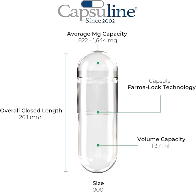 Capsuline Size 000 Empty Gelatin Capsules, Clear - 1000 Count | Gluten Free, Kosher, Non-GMO Certified | Pure Bovine Pill Caps for DIY Supplement Filling
