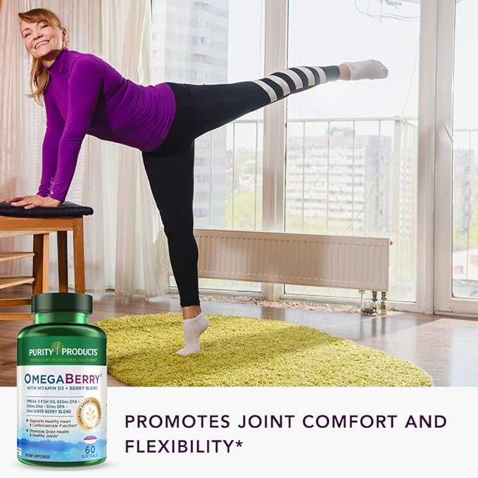 Purity Products OmegaBerry Fish Oil D3 and 1250mg Concentrated Omega-3 Fish 500mg DHA 650mg EPA 60 Soft 30 Day