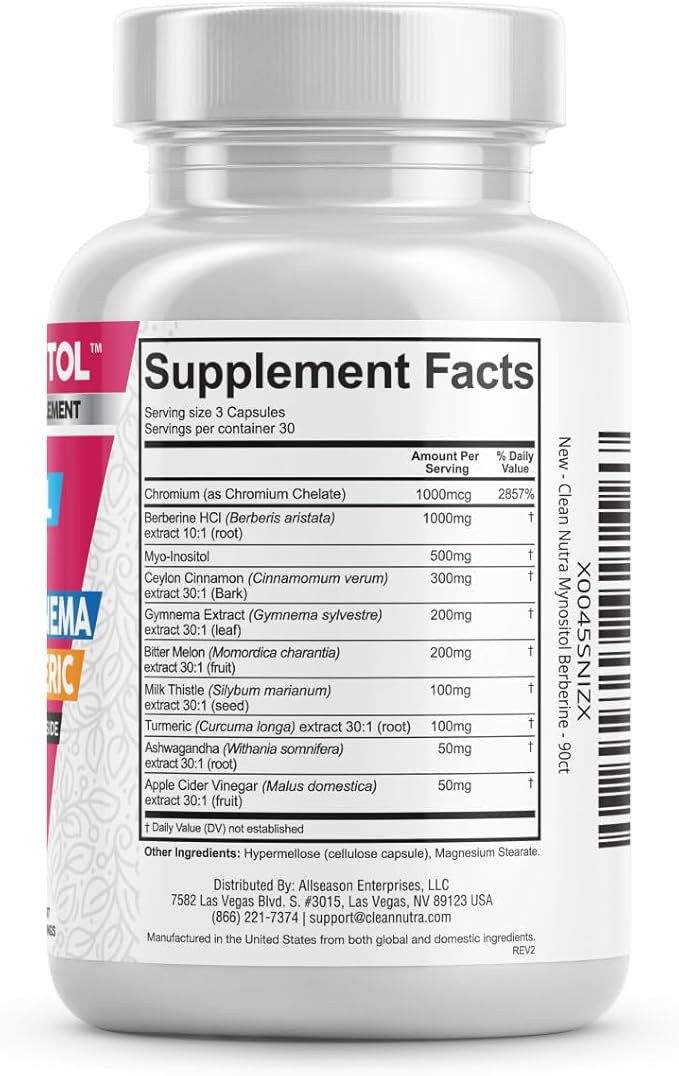 Clean Nutra Berberine Inositol Supplement with Ceylon Cinnamon, Bitter Melon, Gynema Sylvestre, Milk Thistle, Turmeric - 90 Vegan Vegetarian Capsules, Non-GMO, Gluten Free - Berberine for Women Men