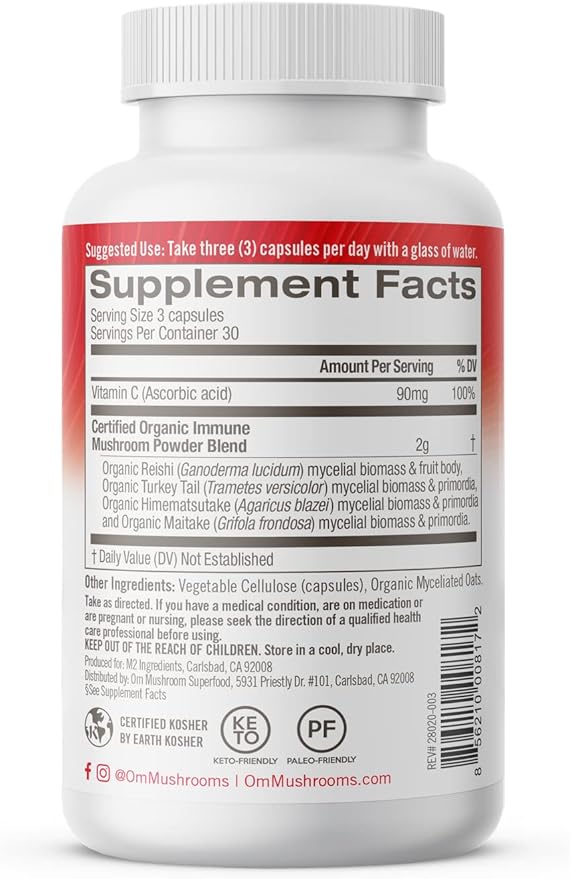 Om Mushroom Superfood Immune Defense Mushroom Capsules Superfood Supplement, 90 Count, 30 Days, Mushroom Blend, Reishi, Turkey Tail, Maitake, Agaricus Blazei, Vitamin C, Vegan