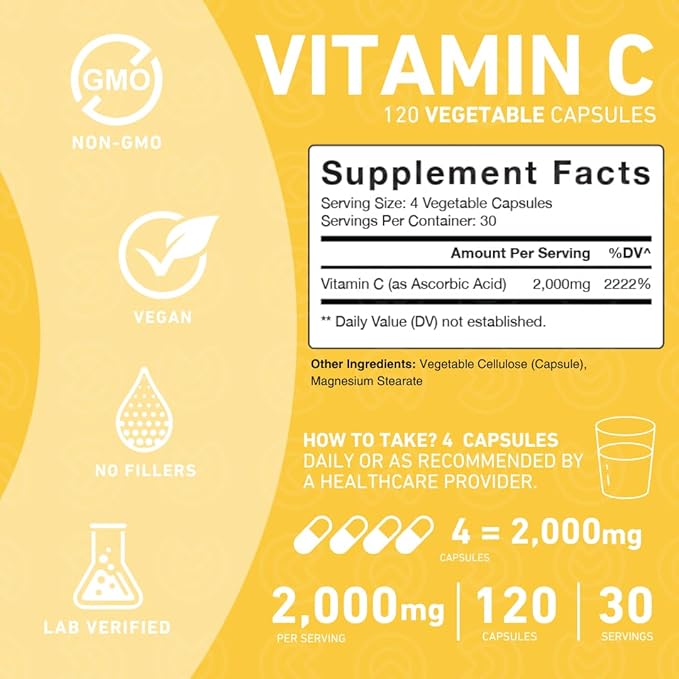Vitamin C 2000mg Capsules – Double 120 Capsules (1 Month