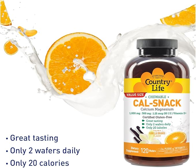 Country Life Cal-Snack - Chewable Calcium Magnesium Supplement wafers with Vitamin D3, Easy to Digest, Vanilla Orange Flavor, Dietary Supplement