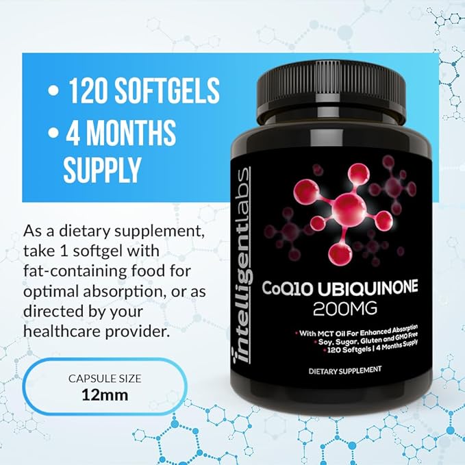 Intelligent Labs CoQ10 Ubiquinone 200mg Softgels | Coenzyme Q10 with MCT Oil for Max Absorption | Soy, Sugar, Gluten, and GMO-Free | 120 Servings | 4 Months Supply