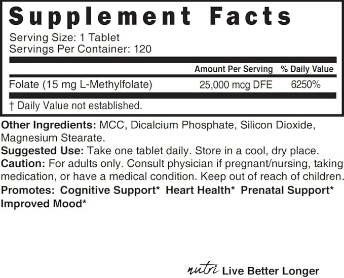 Nutri 5-MTHF L Methylfolate 15MG - 4 Month Supply, 120 Vegan Tablets - Methylated Folate Supplement - Cognitive Function, Heart Health, Prenatal Support - Methylated Folic Acid, MTHFR Supplement…