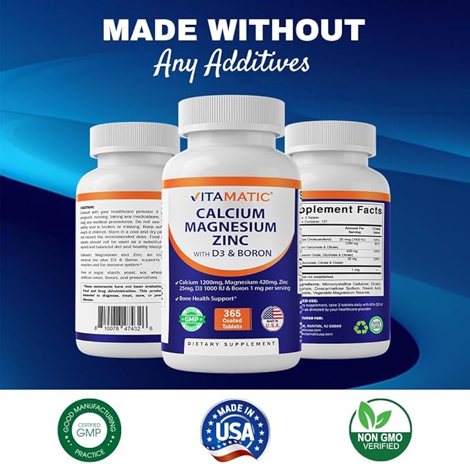 Vitamatic Calcium Magnesium Zinc D3 Boron 365 Coated 1200 mg, 420mg, Zinc 25mg, Vitamin D3 1000 1000 IU, 1 mg