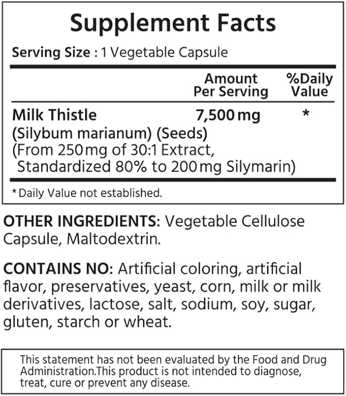 Standardized Milk Thistle 30:1 Seed Extract, 7500 mg 80% Silymarin 200 mg 240 Vegetable