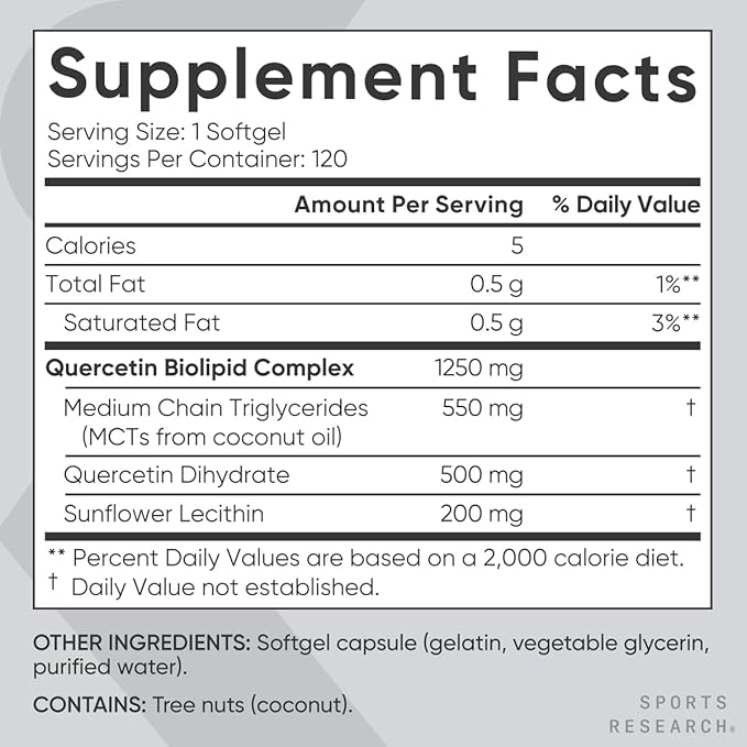 Sports Research Quercetin with Coconut MCT Oil & Sunflower Lecithin for Better Absorption - Supports Antioxidant Activity & Immune Health – Gluten Free & Non-GMO Verified - 120 Liquid Softgels