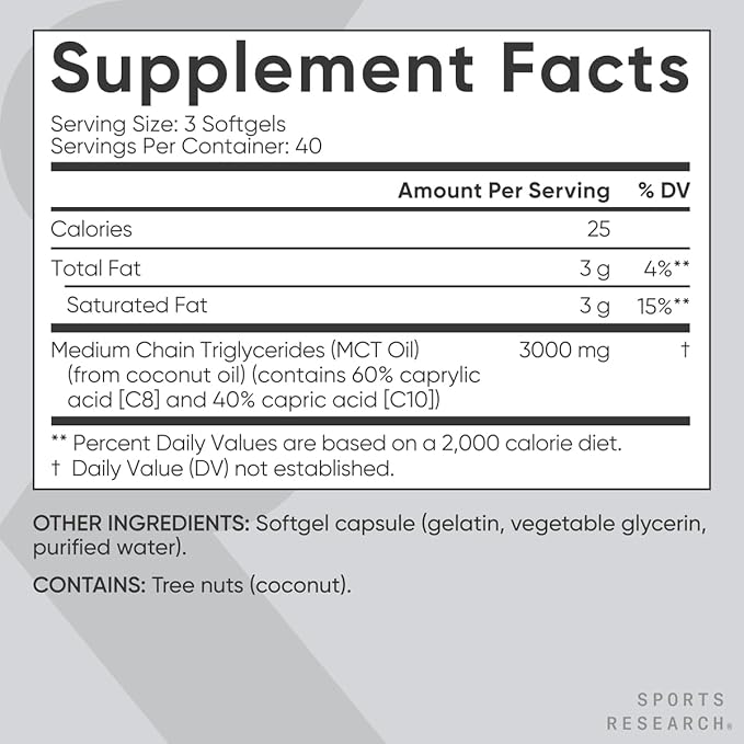 Sports Research Keto MCT Oil Capsules derived from Coconut Oil | Keto Fuel for The Brain & Body | Derived from Non-GMO Coconuts (120 Soft gels)