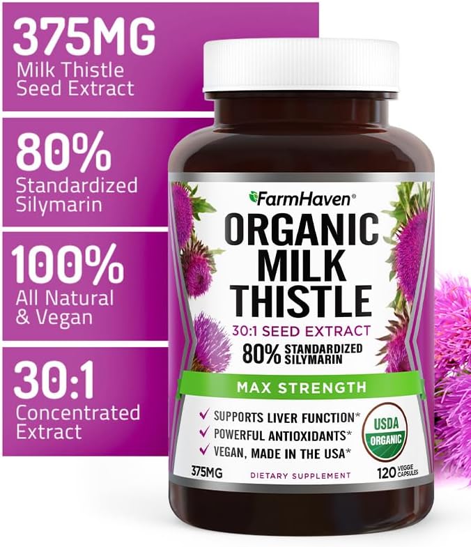 FarmHaven USDA Organic Milk Thistle Capsules 30X Concentrated 80% Silymarin 360 Vegan