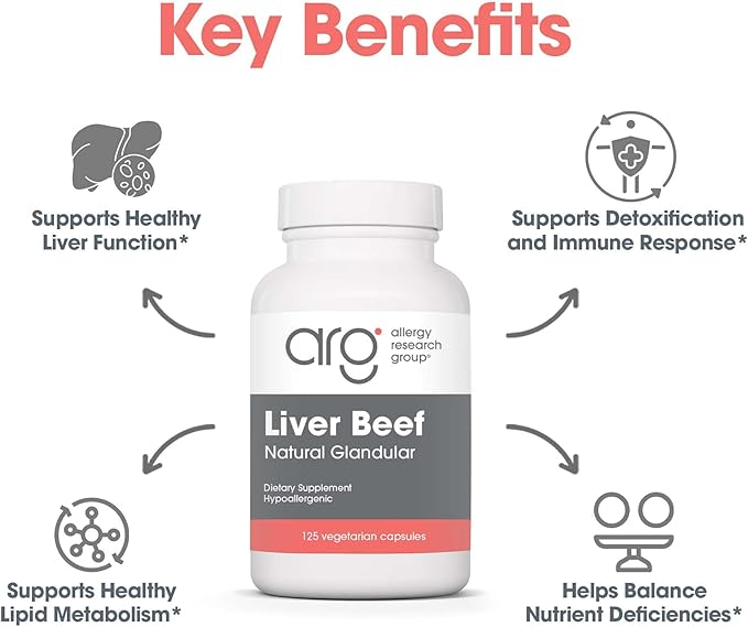 Allergy Research Group Beef Liver Supplement - Liver Function Support, Grass-fed Beef Liver Capsules 1000mg, Glandular Beef Liver Vitamins - 125 Count