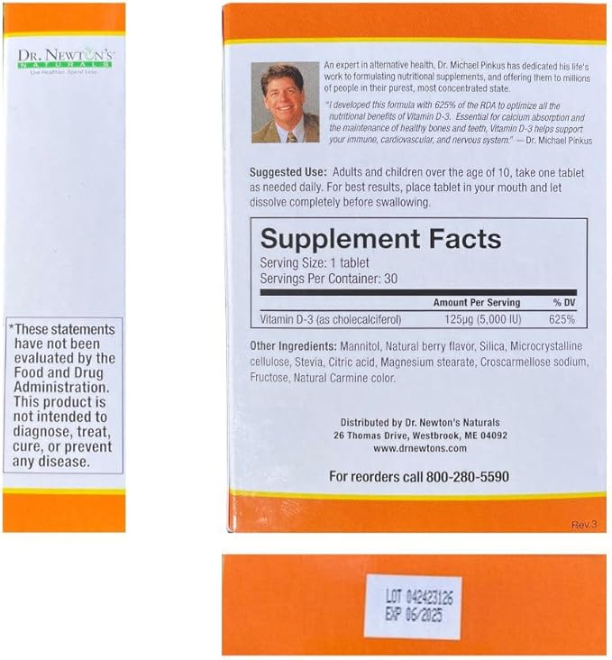Dr. Newton's Naturals Vitamin D3 Fast-Melting Tablets - 5000 IU (125 mcg) Helps Maintain Healthy Bones and Immune Support - 30 Tablets - Ultimate Absorption – High Potency-Manufactured in USA