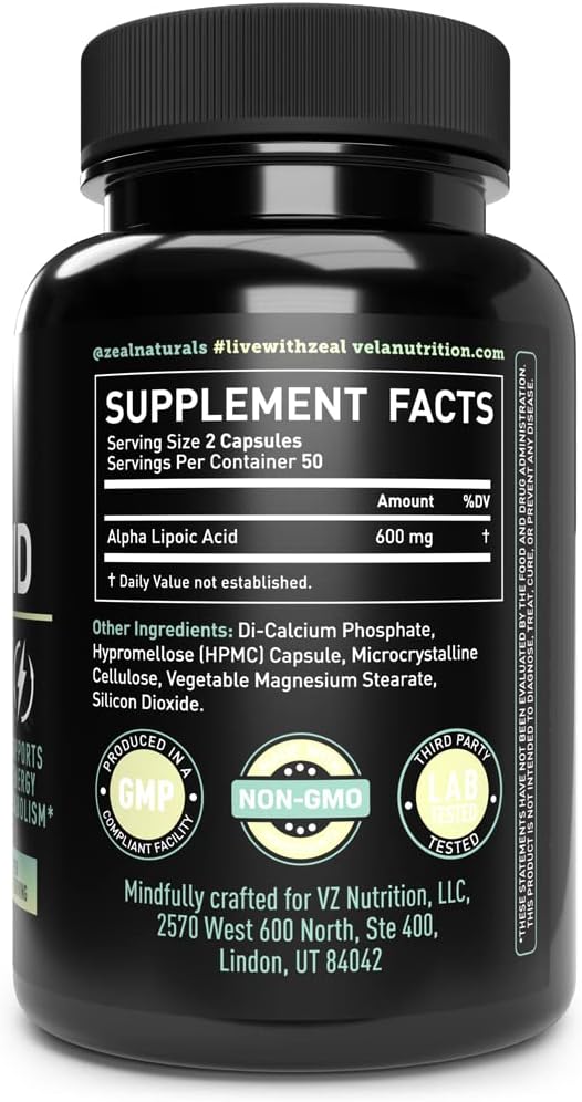 Alpha Lipoic Acid Supplement (ALA) + 600mg Per 100 Capsules