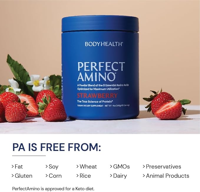 BodyHealth PerfectAmino Powder - BCAA and EAA Powder for Pre and Post Workout - Amino Acid Energy Drink Powder for Men and Women to Support Lean Muscle and Recovery - Strawberry - 60 Servings