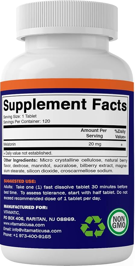 Vitamatic Melatonin 20mg Tablets 20 MG (1/2 Tablets 10mg) (120 (120 Count (12 Pack